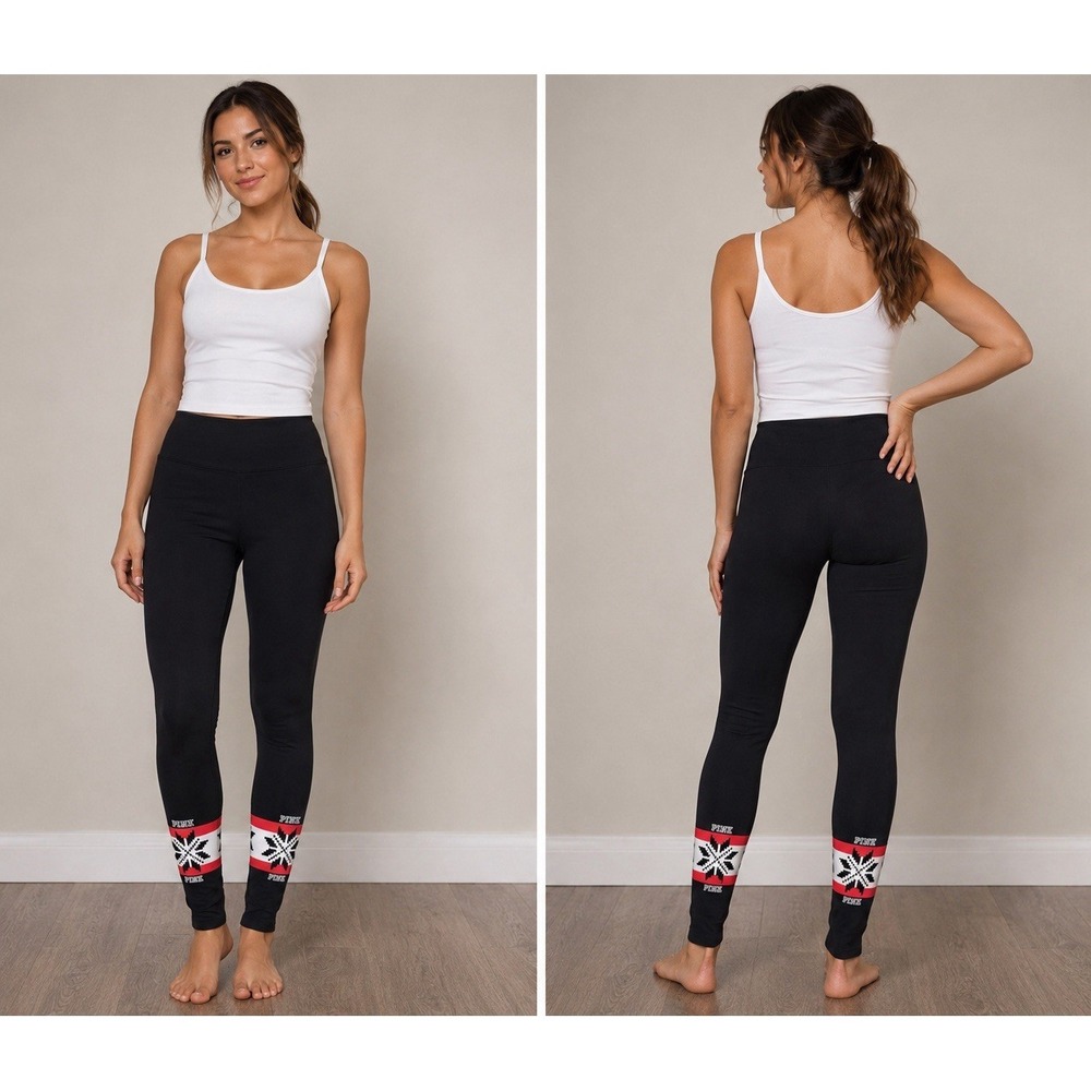 Victoria's Secret PINK Yoga Leggings Women's Large‎ Black Snowflake Stretch